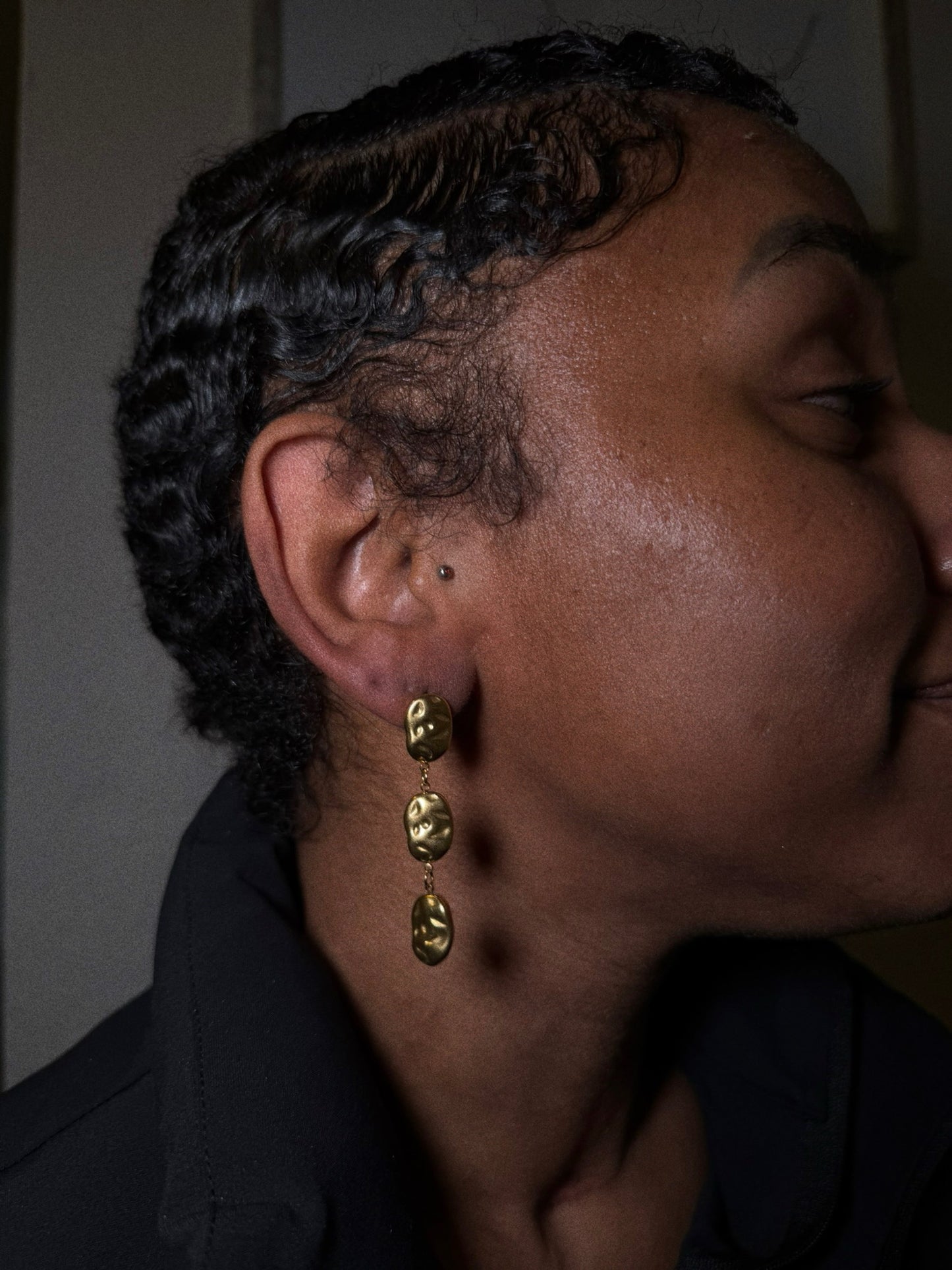 Gold Hammered Bean Drop Earrings