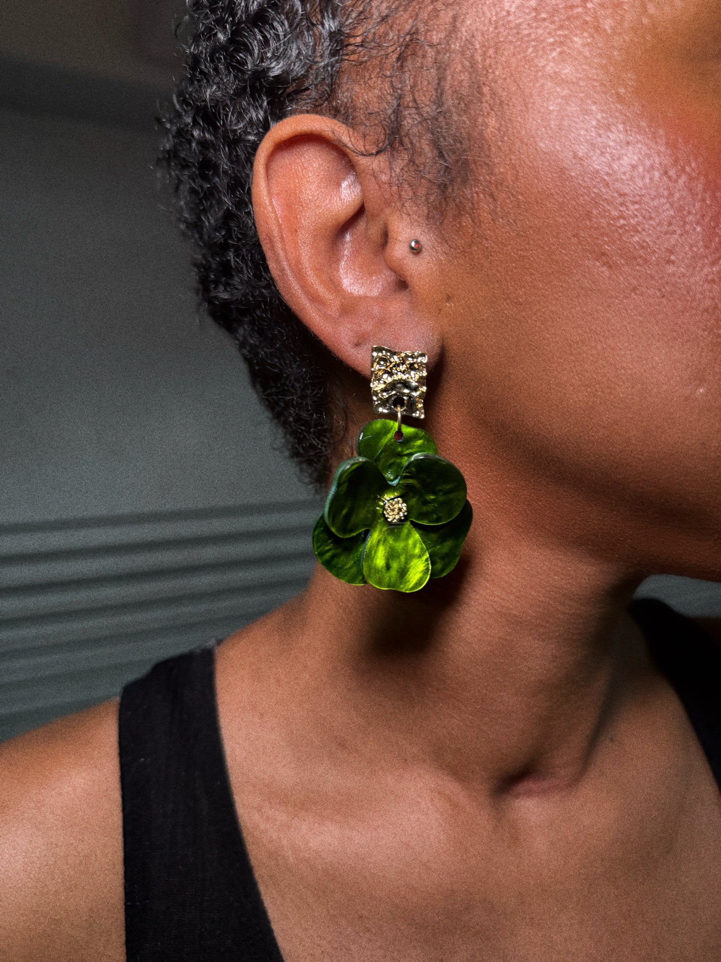 Green Iridescent Floral Earrings