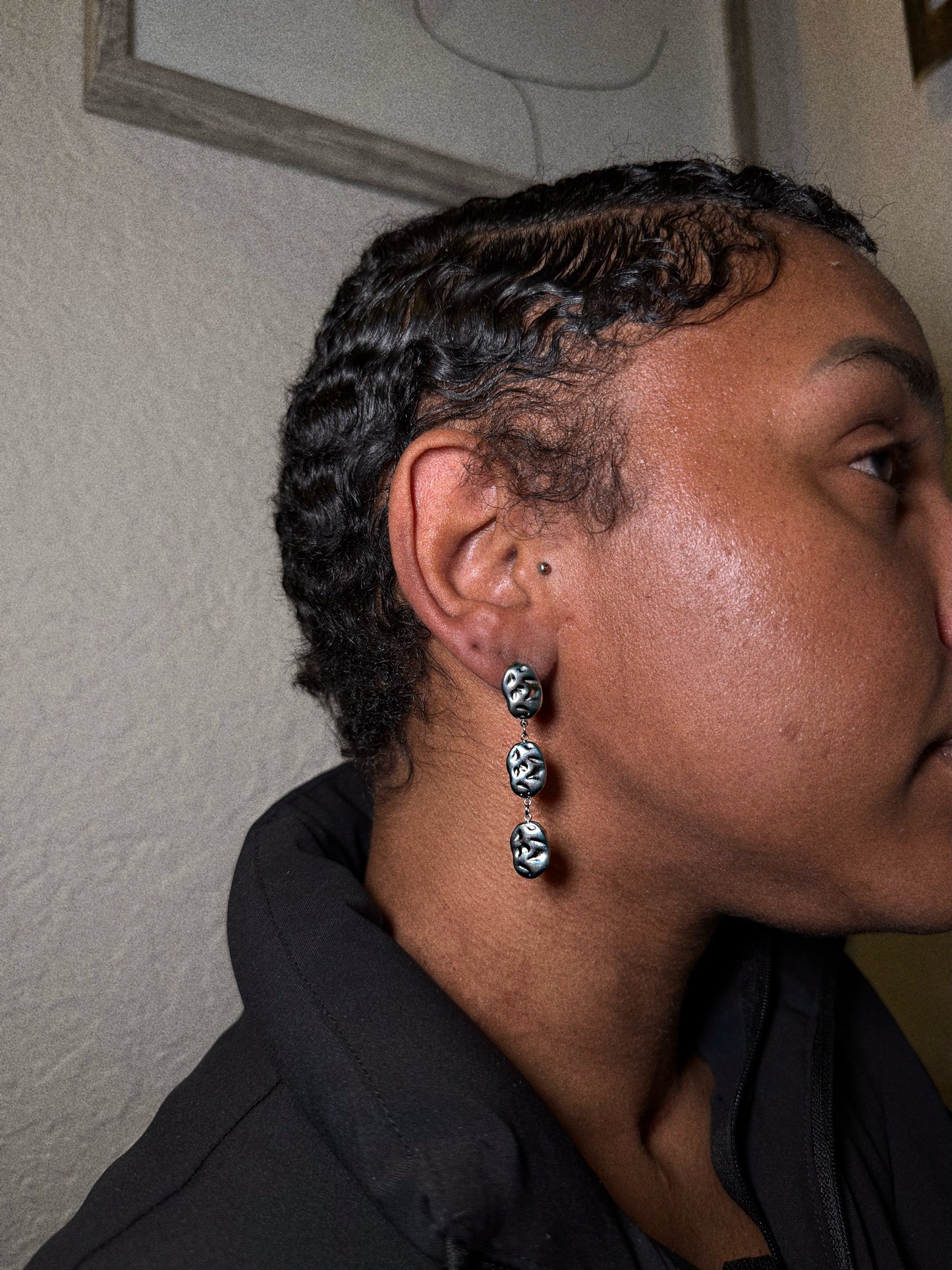 Silver Hammered Bean Drop Earrings